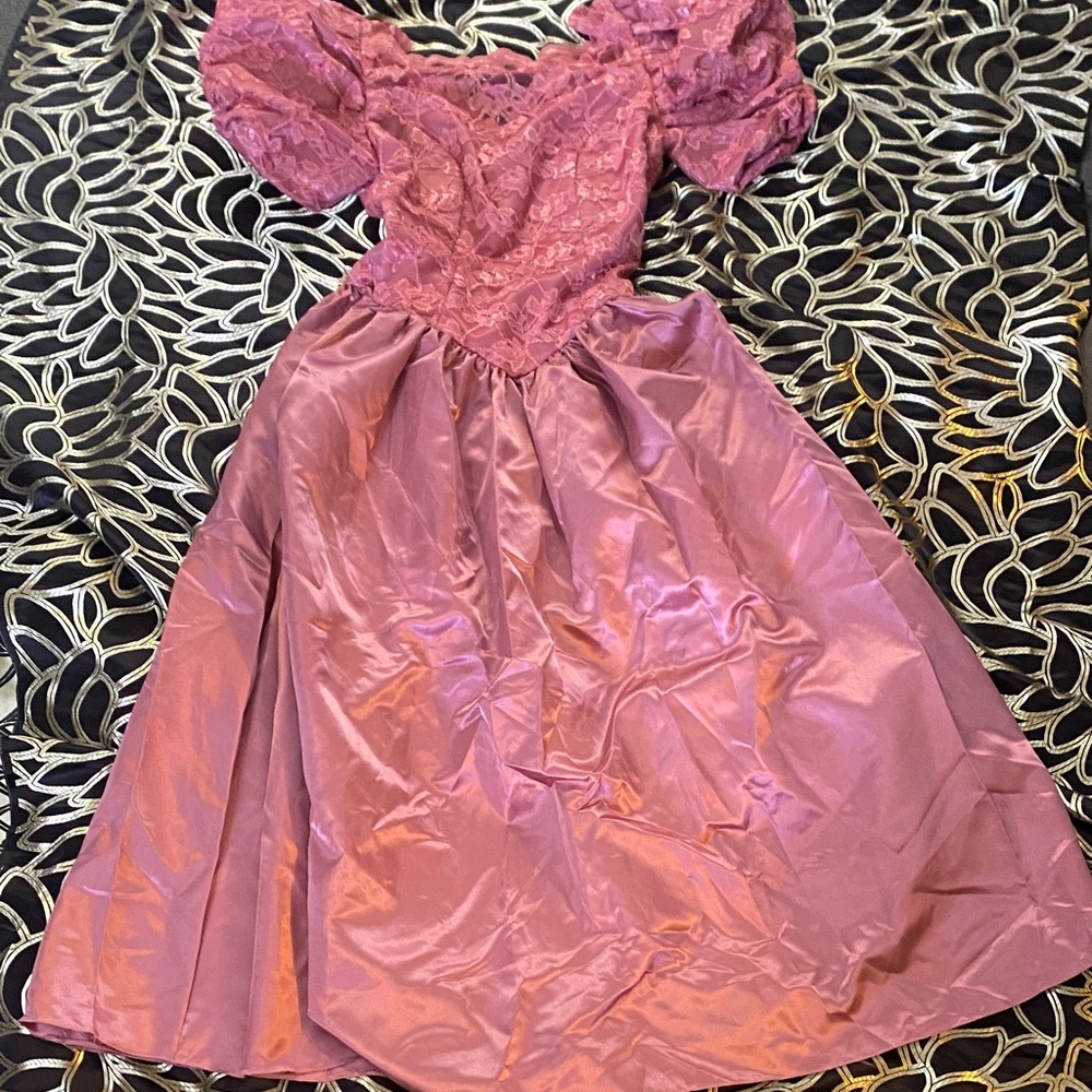 Full Length Pink Satin and Lace Dress Gown VTG 80’s prom formal puffy sleeves